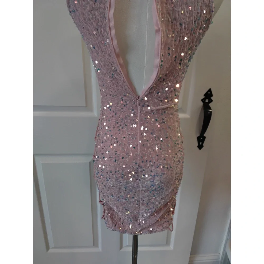 Pink Sequin Lace Up Cut Out Bodycon Mini Dress Club‎ Party